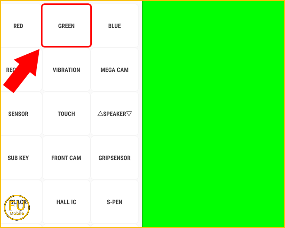 Như hình là kiểm tra bằng màu xanh lá để xem điện thoại các vết ố, loang màu bất thường hay không